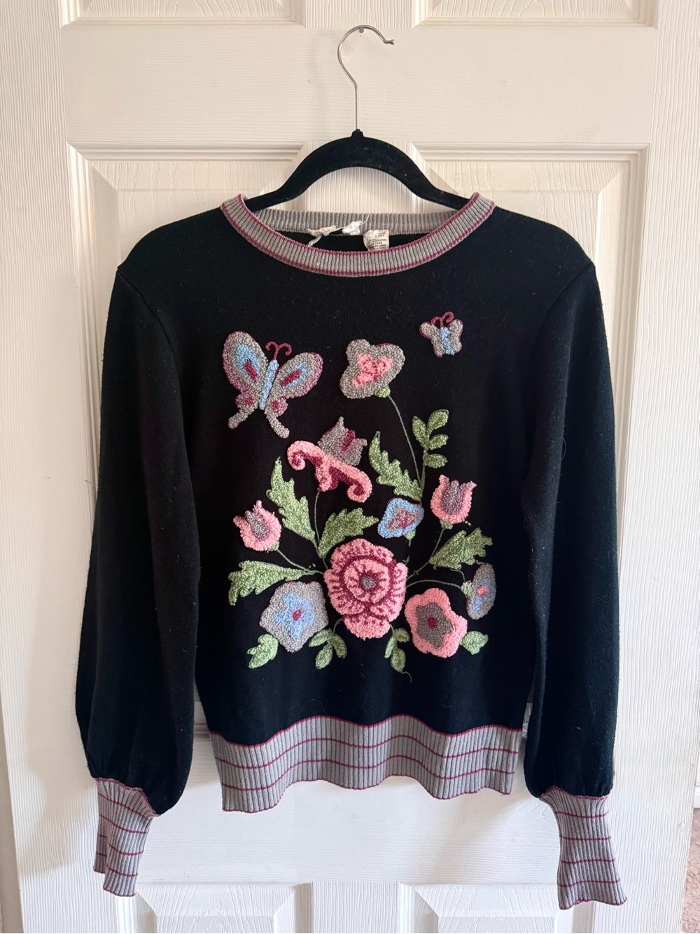 Vintage Butterfly Knit Sweater with Crewel